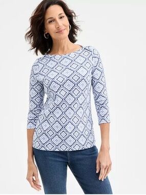 NEW Style & Co Women’s Printed Pima Cotton 3/4 Sleeve Top Simple Blue Petite LP